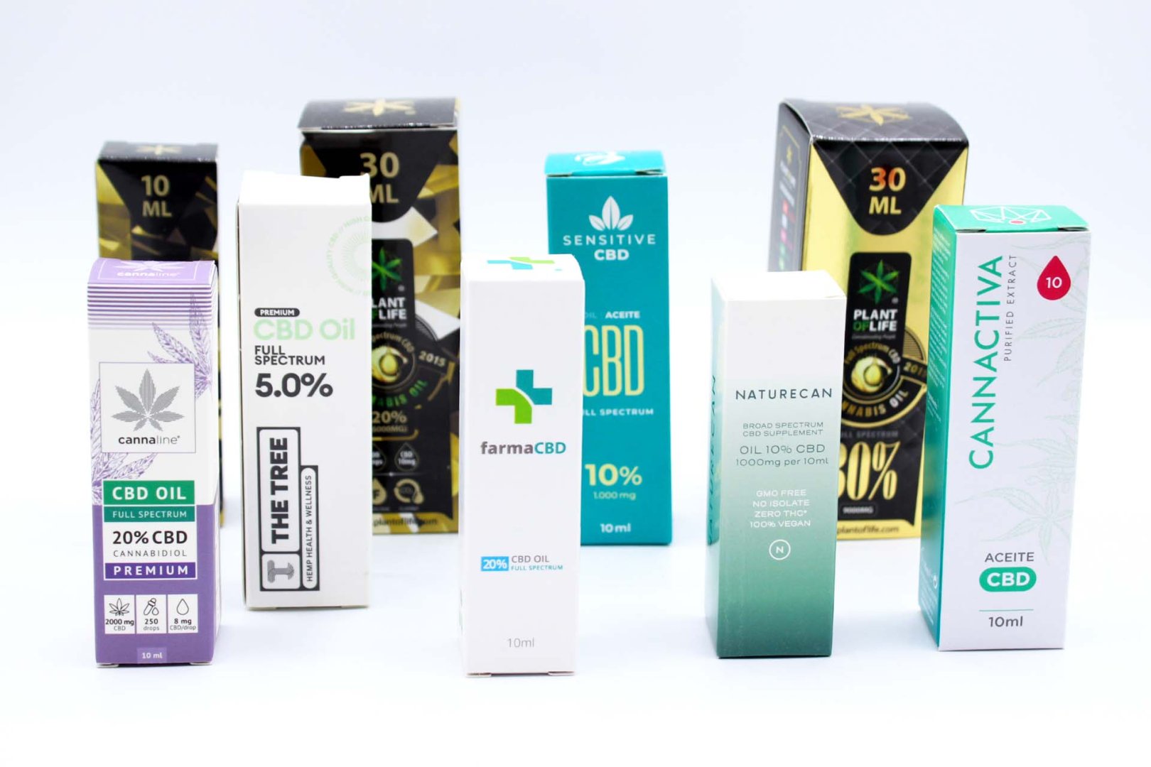 Frasco de aceites CBD de muchas marcas diferentes cannabidiol puro espectro completo