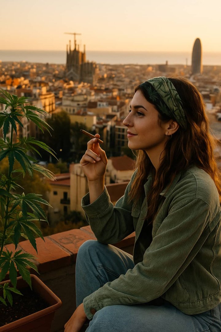 Mujer joven con estilo natural disfrutando de una vista panorámica de Barcelona y la Sagrada Familia