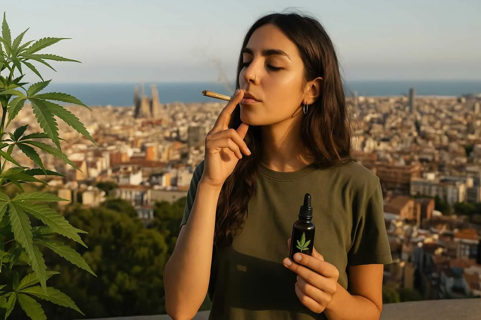 Chica con gotero de CBD y planta de cáñamo al fondo, en Barcelona con vistas a la Sagrada Familia