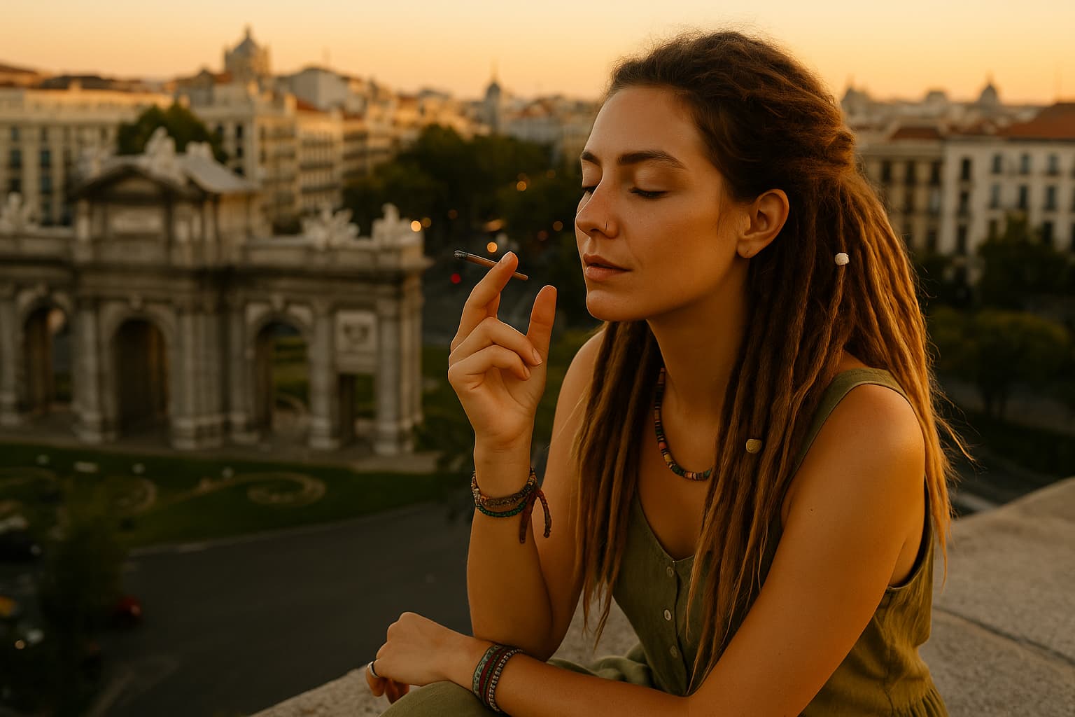 Mujer relajada frente a la Puerta de Alcalá en Madrid, disfrutando de un momento de tranquilidad