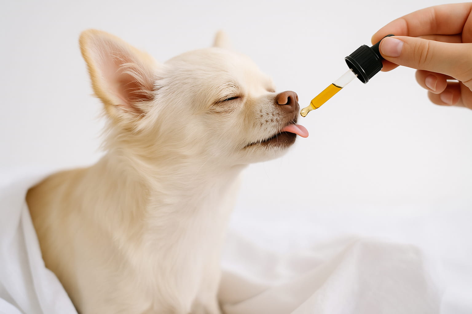 Chihuahua lamiendo aceite de CBD desde un gotero