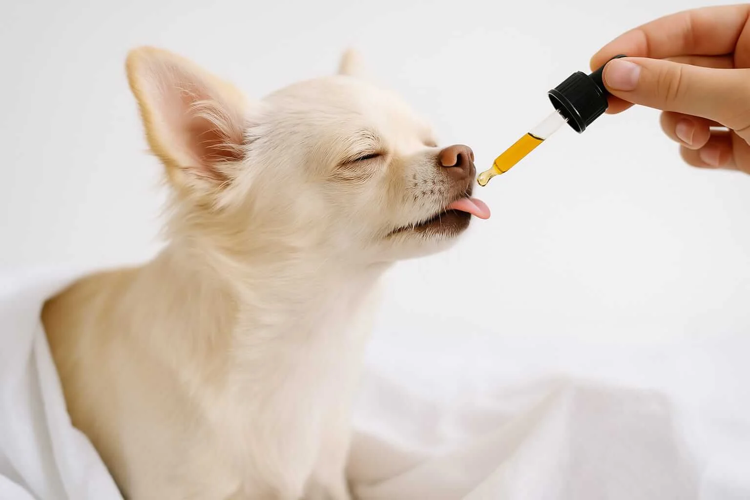 Chihuahua lamiendo aceite de CBD desde un gotero
