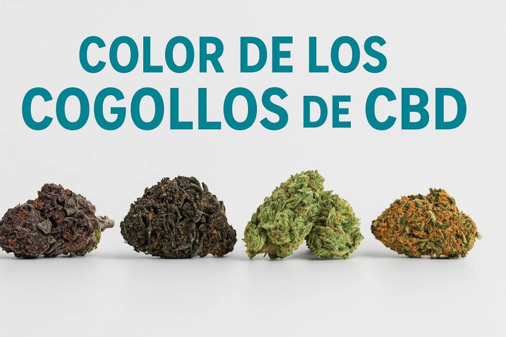 Cogollos de CBD alineados por color: lila, negro, verde y naranja
