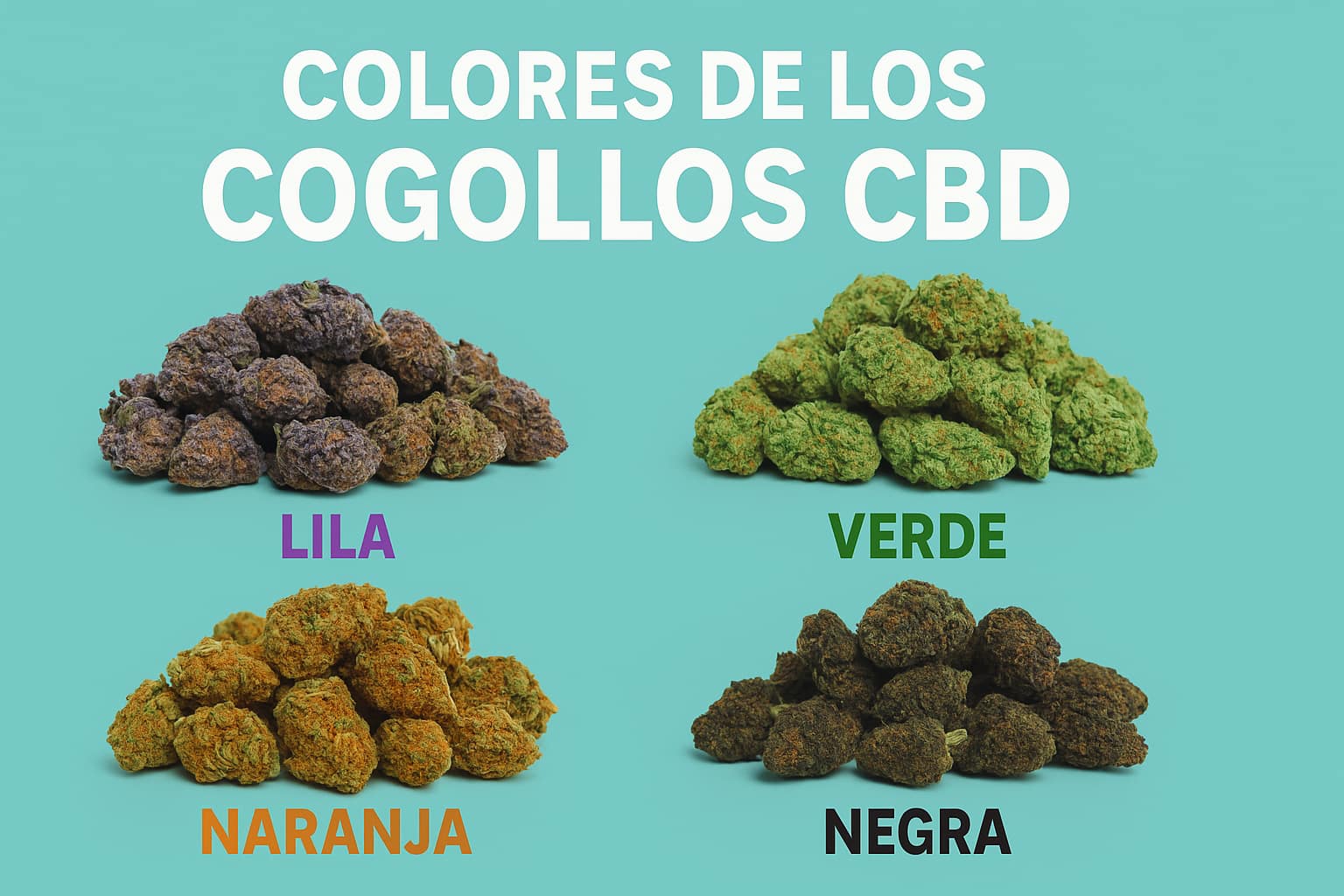 Infografía ilustrada con colores de cogollos CBD: lila, verde, naranja y negra