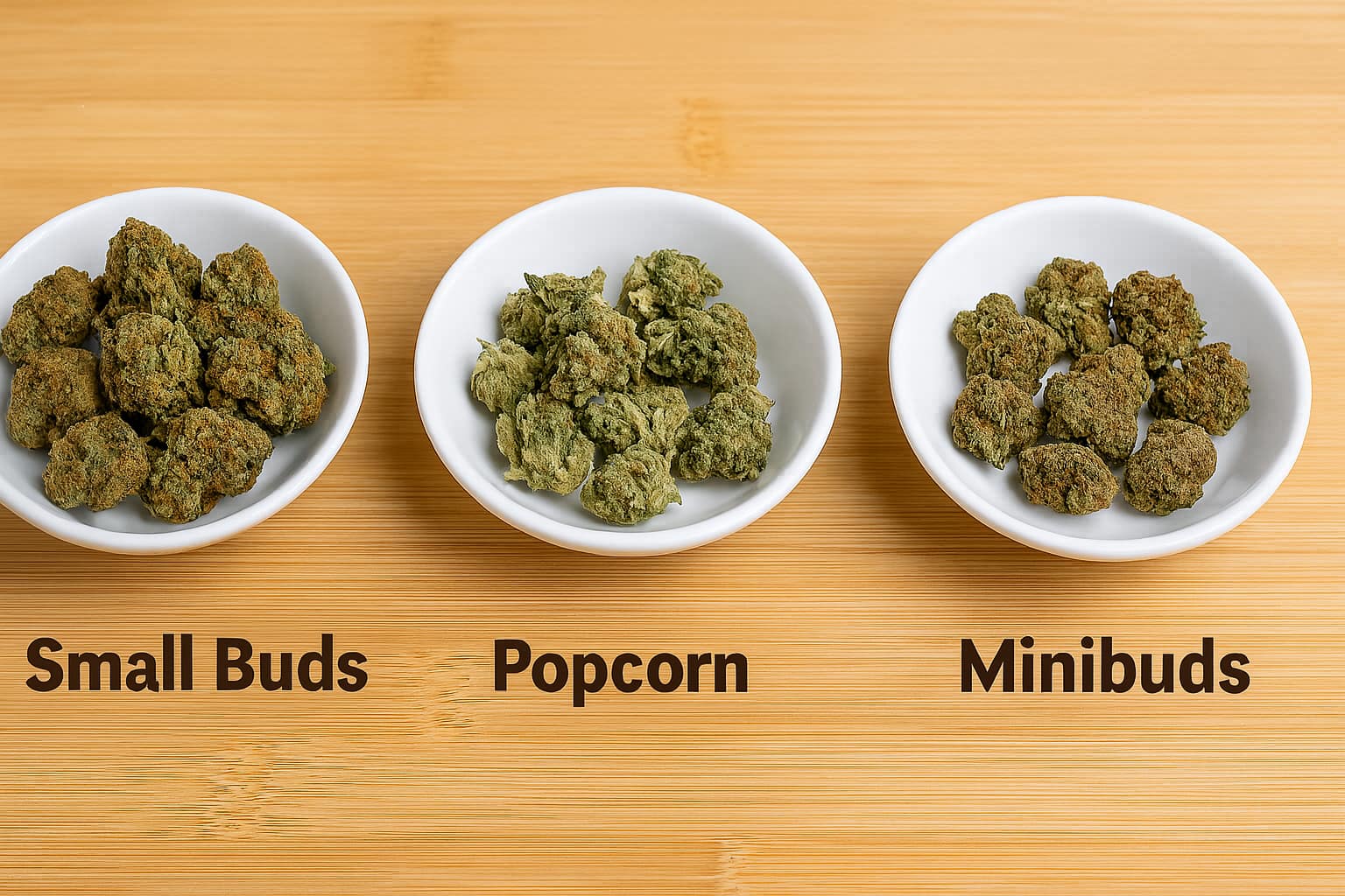 Comparativa de Small Buds, Popcorn Buds y Minibuds en platos blancos