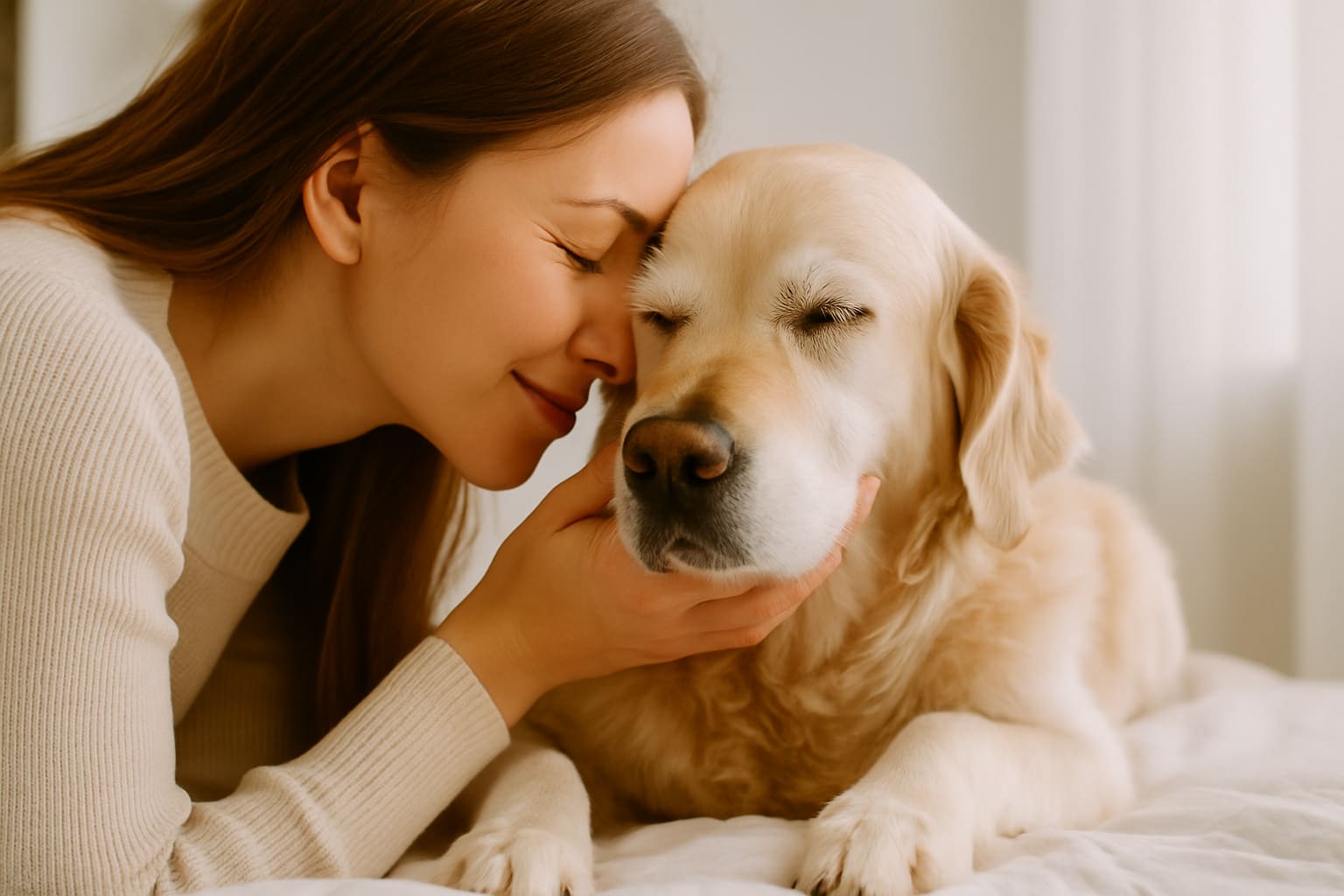 Dueña acariciando a su perro tras administrarle aceite de CBD