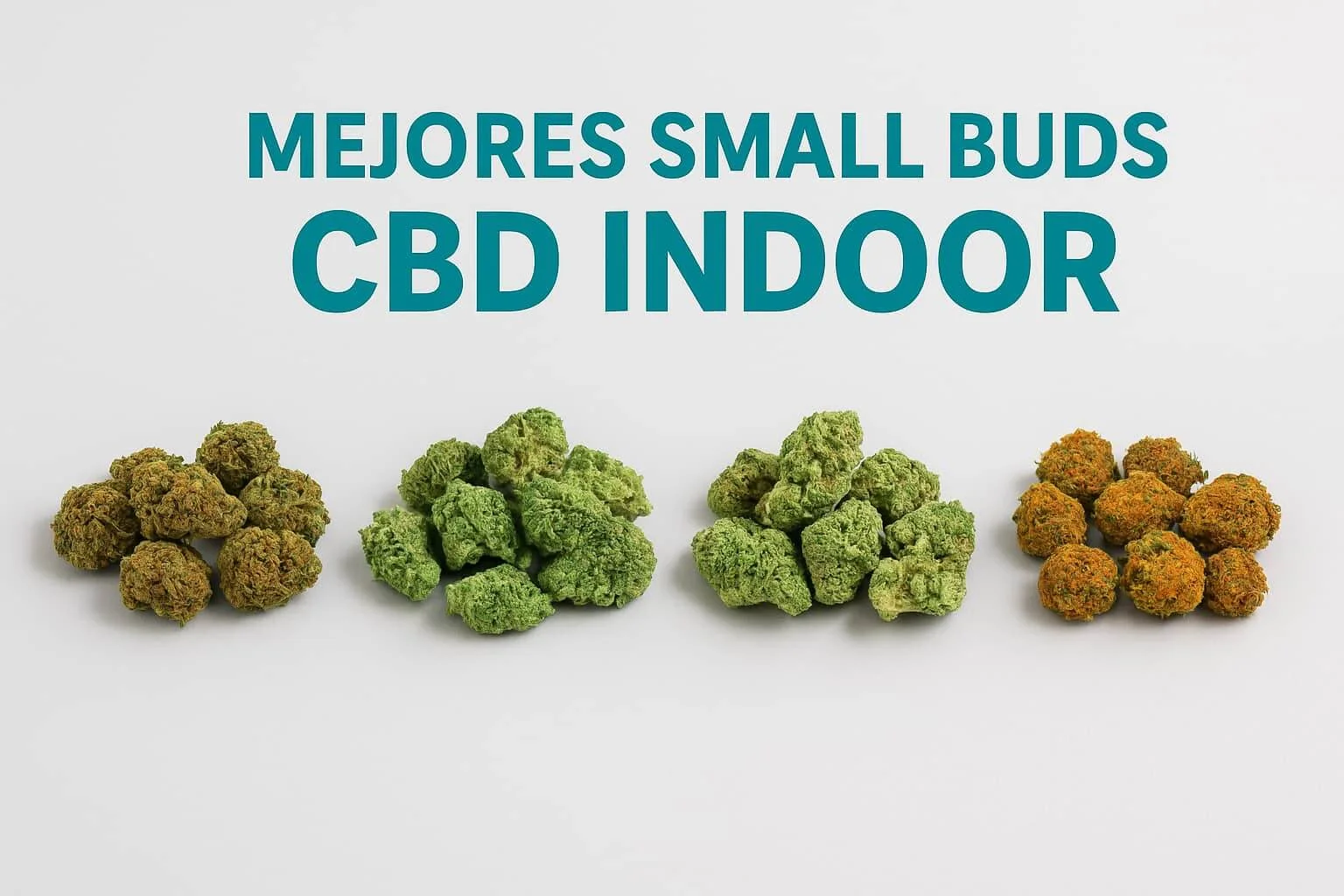 Mezcla de flores pequeñas de CBD indoor con distintos tonos y texturas sobre fondo claro