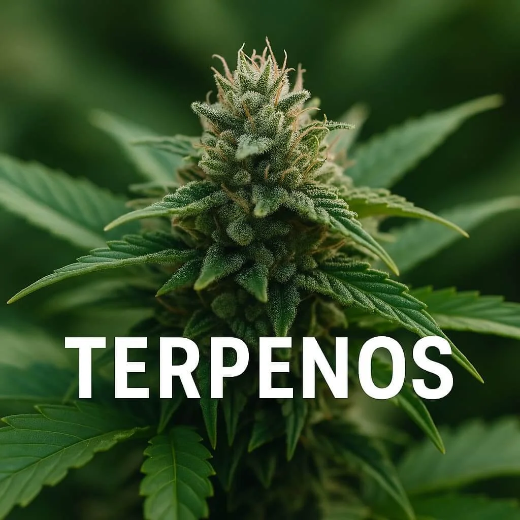 Cogollo de CBD en primer plano con texto sobre terpenos