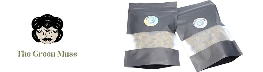 Logotipo The Green Muse y presentación de productos CBD