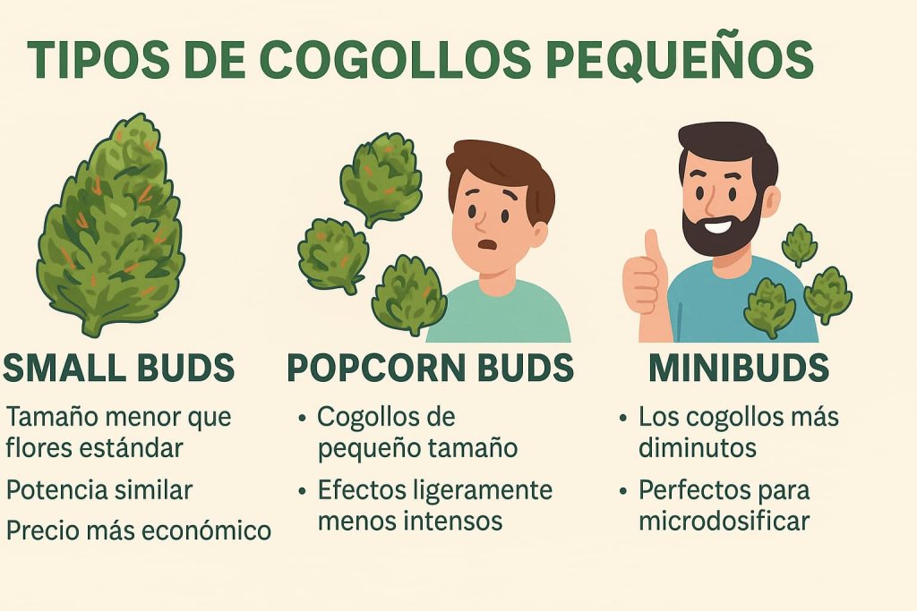 Infografía ilustrada de Small Buds, Popcorn Buds y Minibuds CBD