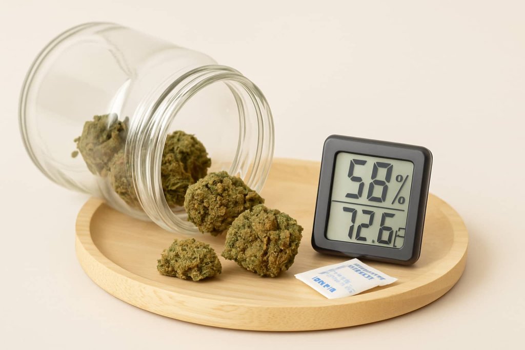 Flores CBD en frasco de cristal con medidor de humedad y bolsita antihumedad