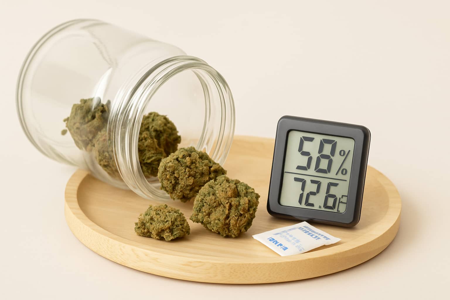 Flores CBD en frasco de cristal con medidor de humedad y bolsita antihumedad