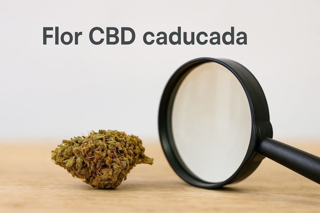 Cogollo seco de CBD junto a una lupa para detectar señales de caducidad