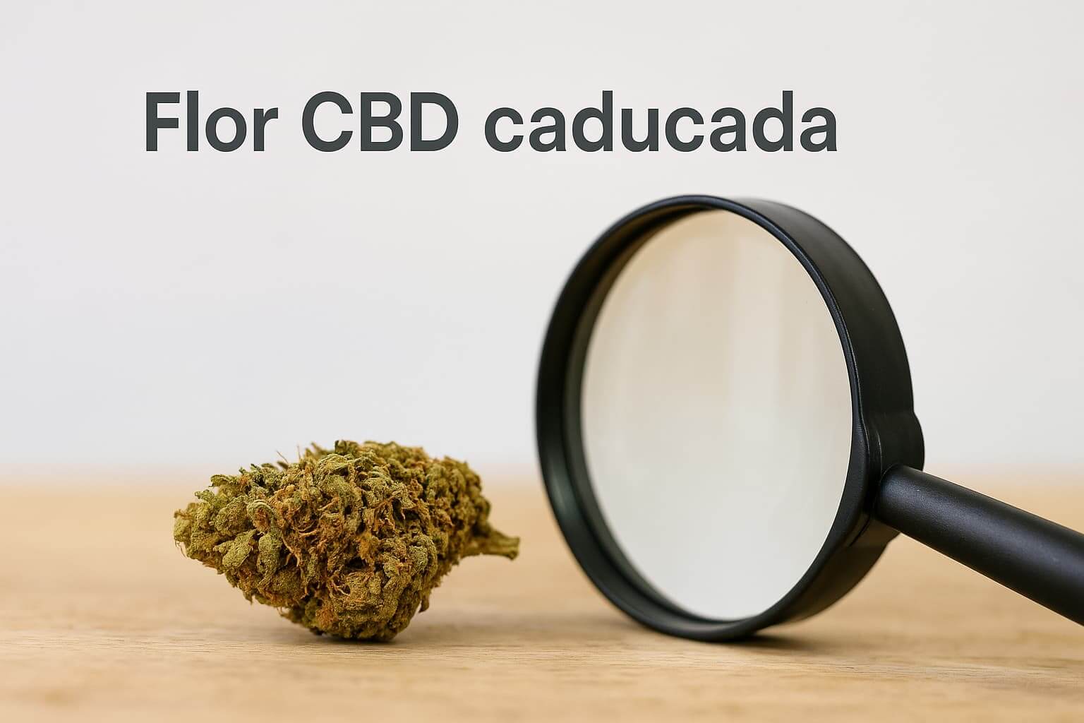Cogollo seco de CBD junto a una lupa para detectar señales de caducidad