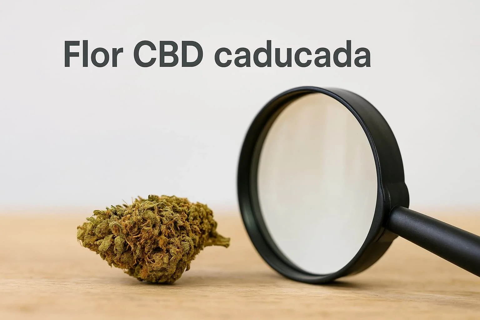 Cogollo seco de CBD junto a una lupa para detectar señales de caducidad