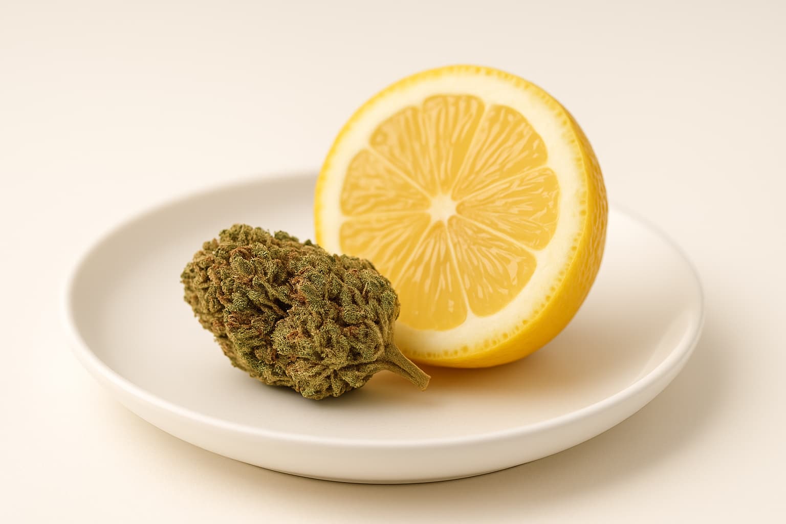 Cogollo de CBD junto a medio limón sobre fondo blanco, representando aroma cítrico natural