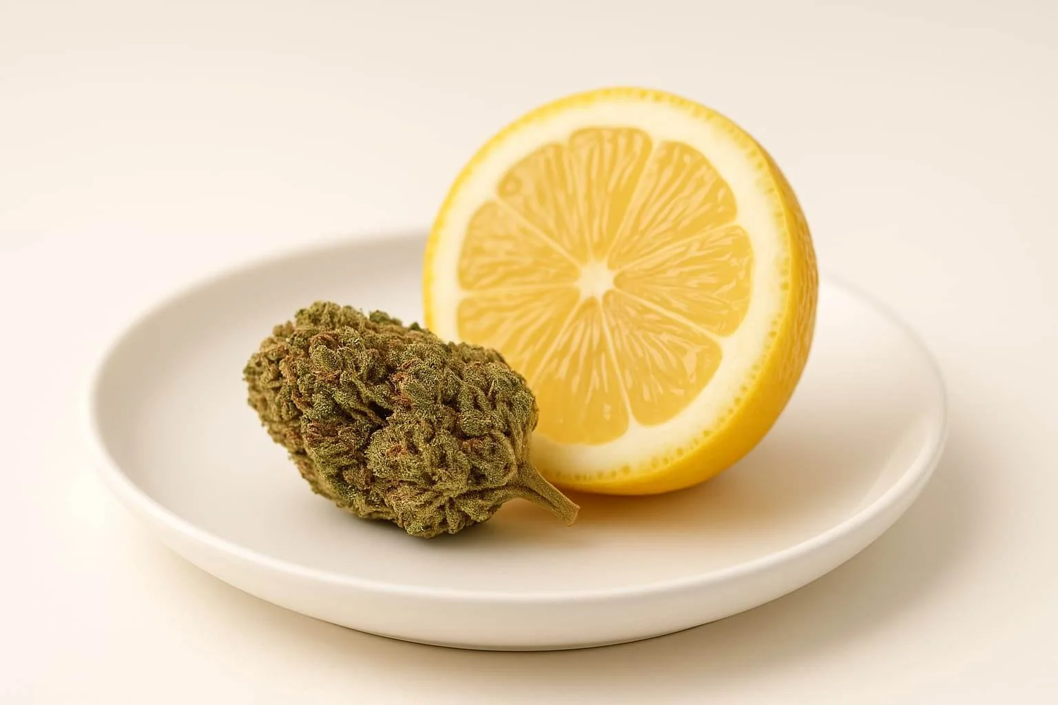 Cogollo de CBD junto a medio limón sobre fondo blanco, representando aroma cítrico natural