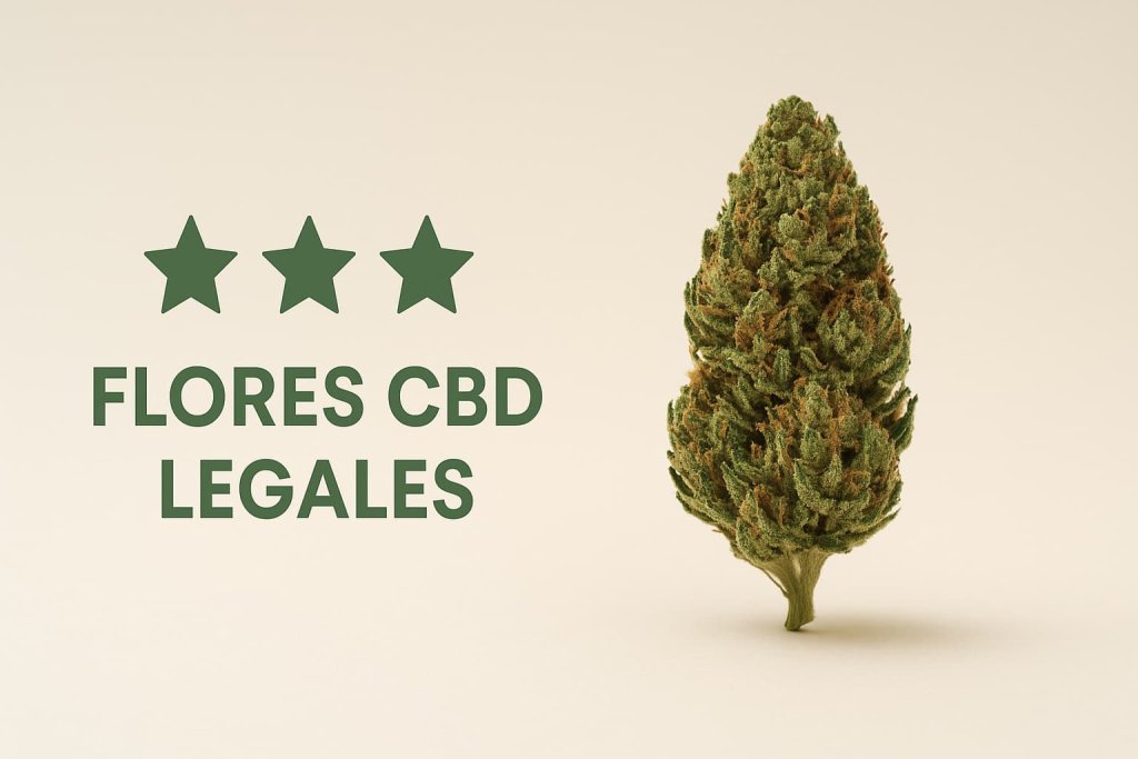 Cogollo de CBD sobre fondo claro con iconos que simbolizan legalidad en España