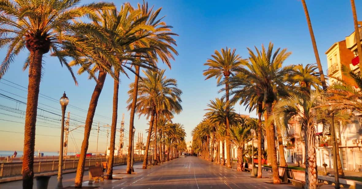 Paseo Marítimo de Badalona con terrazas y palmeras junto a tiendas CBD