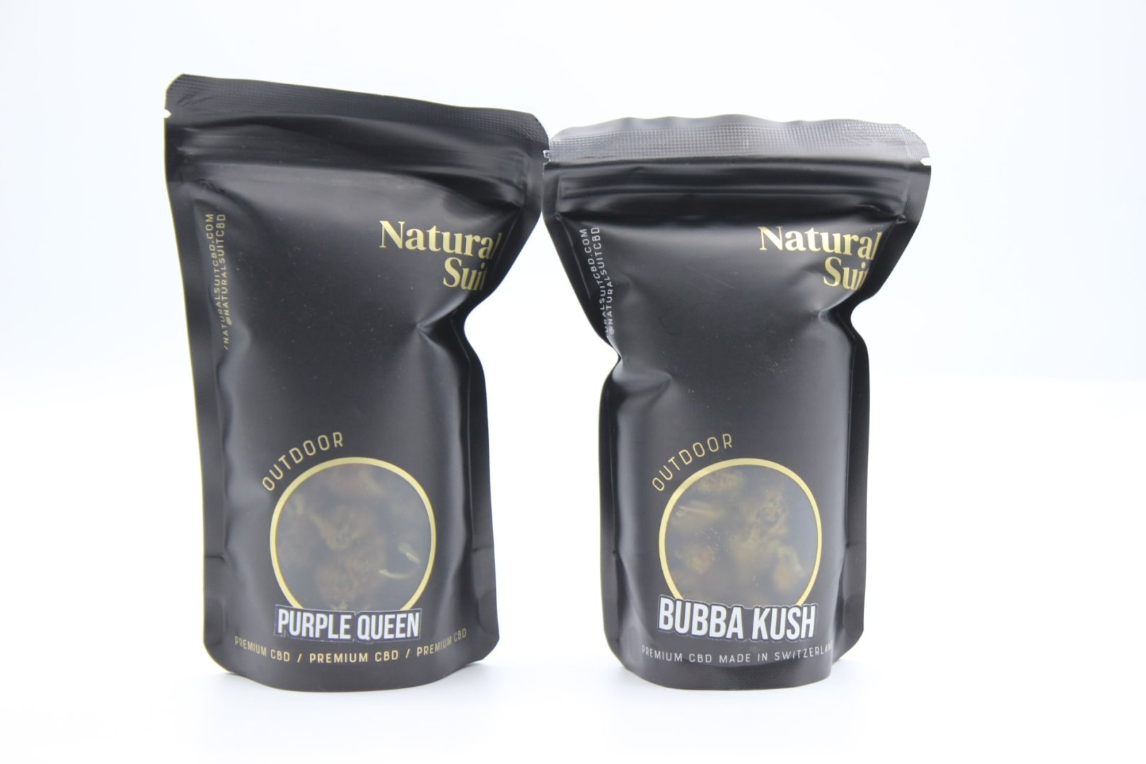 Envases Natural Suit con Purple Queen y Bubba Kush, variedades outdoor de flores CBD potentes y terrosas