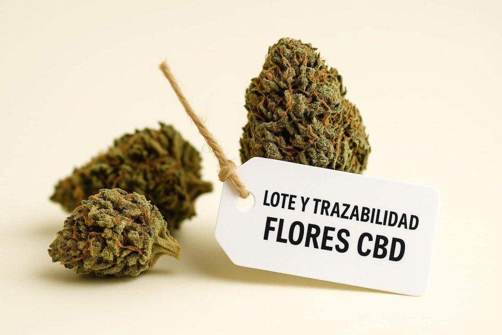 Cogollos de CBD con etiqueta visible que indica número de lote y trazabilidad
