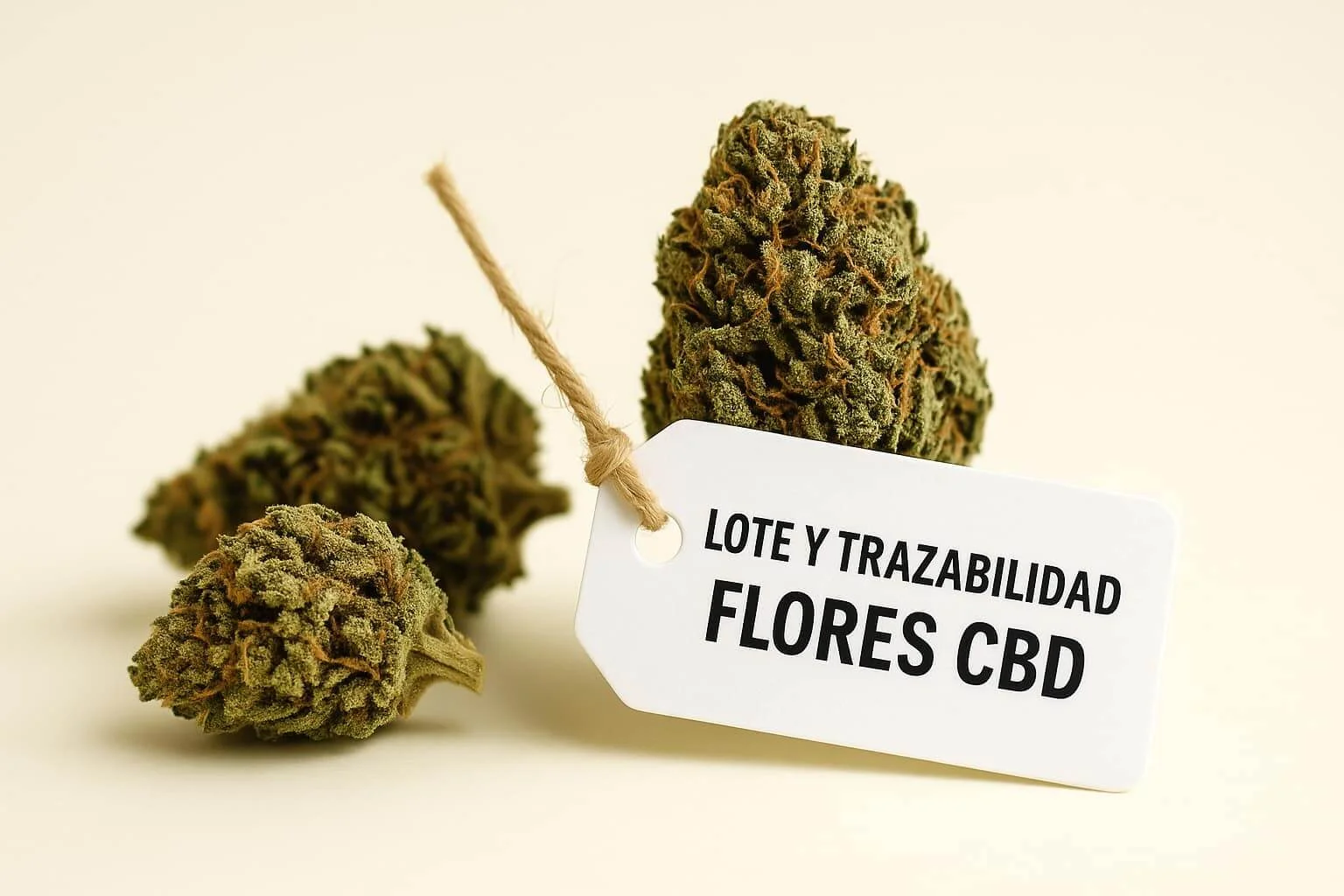 Cogollos de CBD con etiqueta visible que indica número de lote y trazabilidad