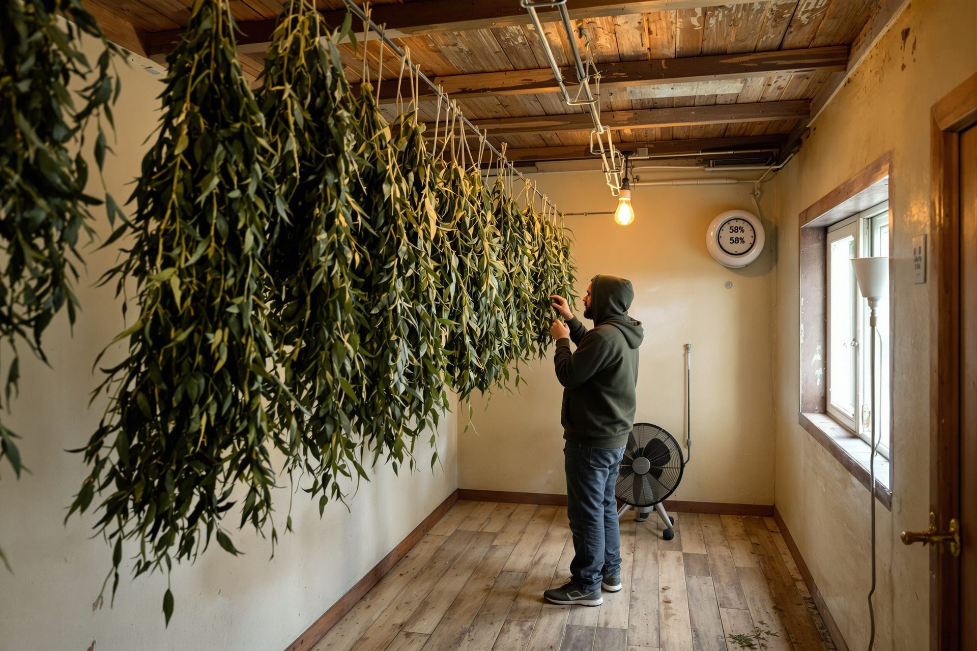 Secadero de cáñamo CBD en Galicia con ramas de AK-47 colgando boca abajo y cultivador inspeccionando una rama
