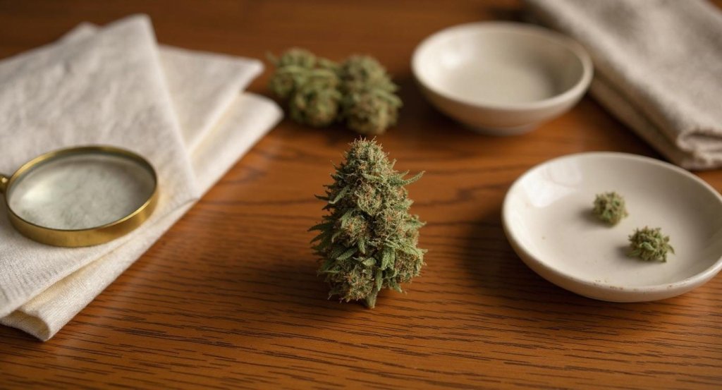 Cogollo de Candy Krush CBD de Cannactiva en mesa de roble con lupa, papel y fragmentos de flor