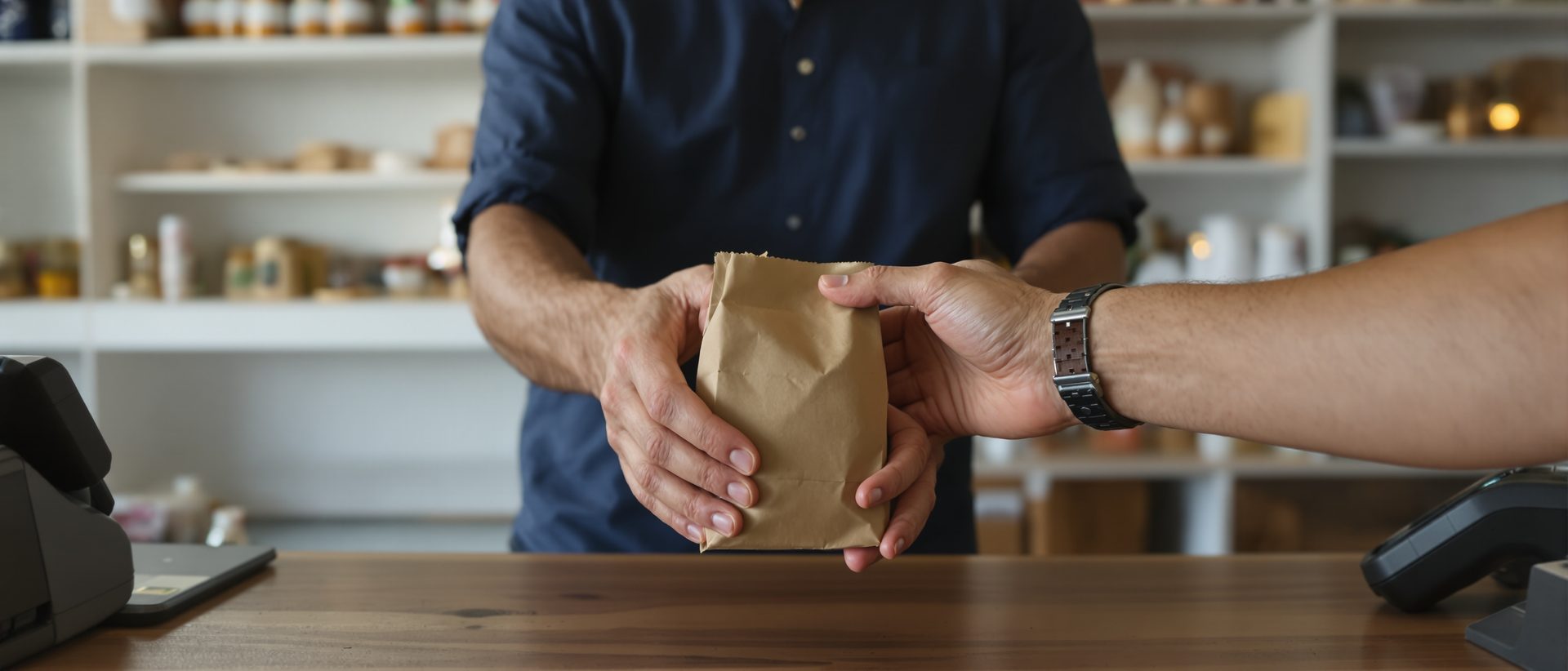 Manos de cliente adulto recibiendo bolsa de papel marrón sobre mostrador de madera en tienda española de CBD