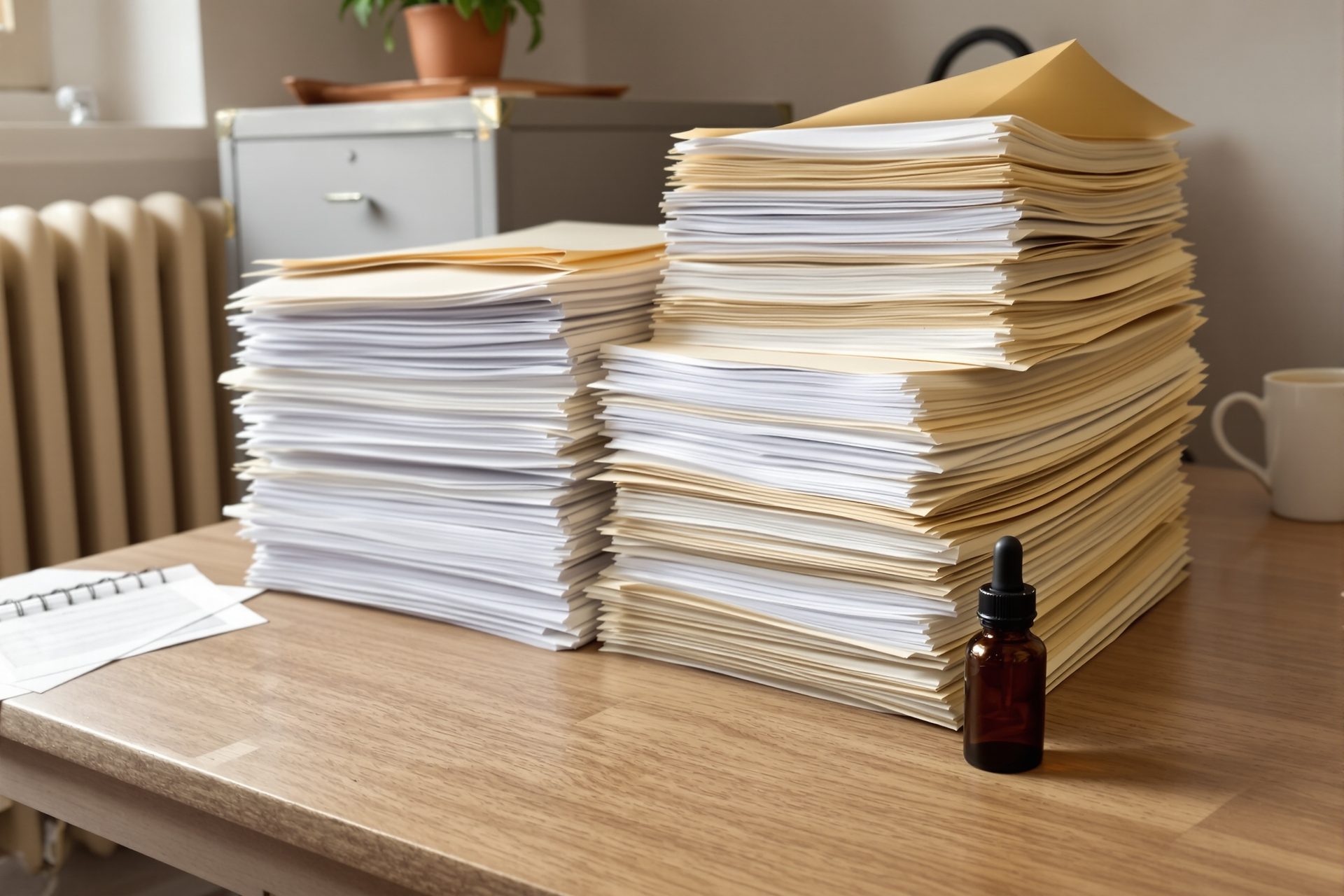 Escritorio de despacho de abogado español con expedientes apilados, taza de café y un frasco pequeño de aceite CBD
