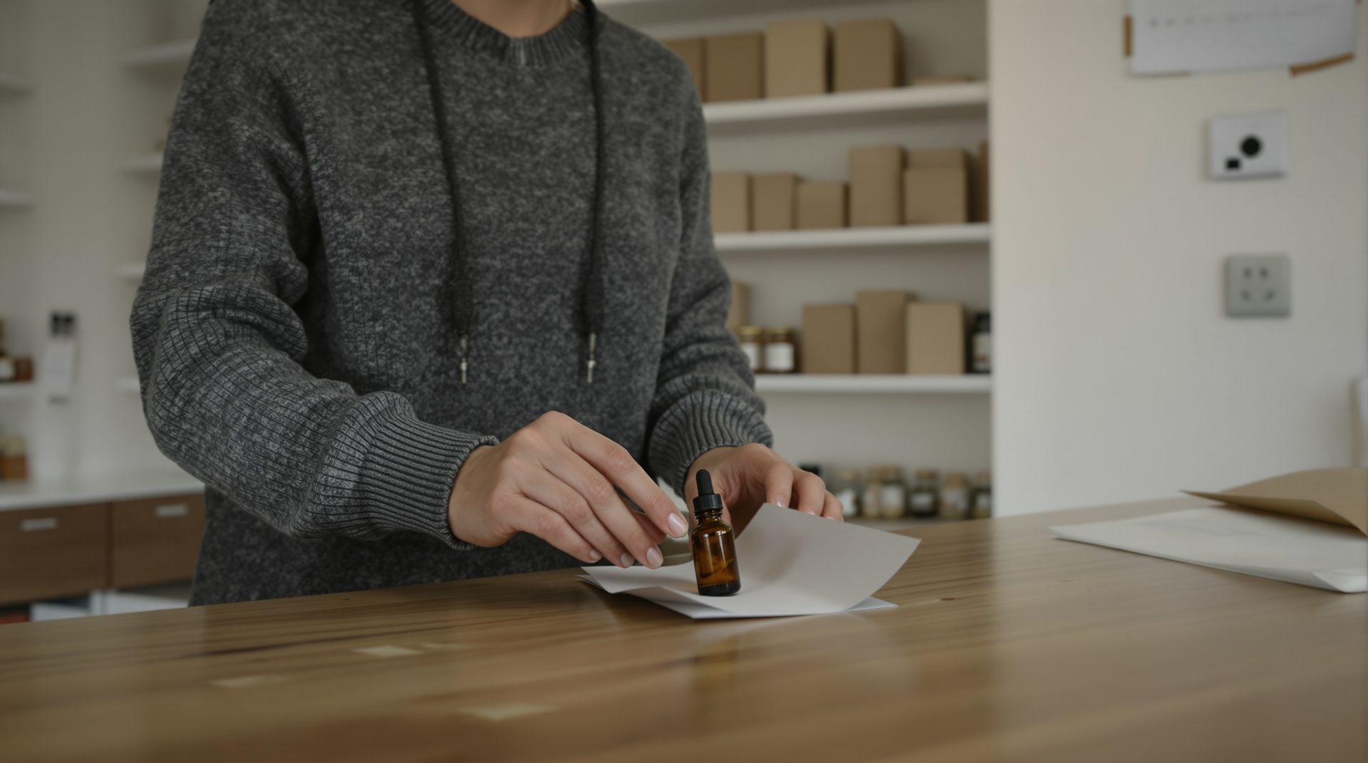 Mostrador de tienda especializada española de CBD con manos de dependienta colocando un frasco junto a un papel doblado