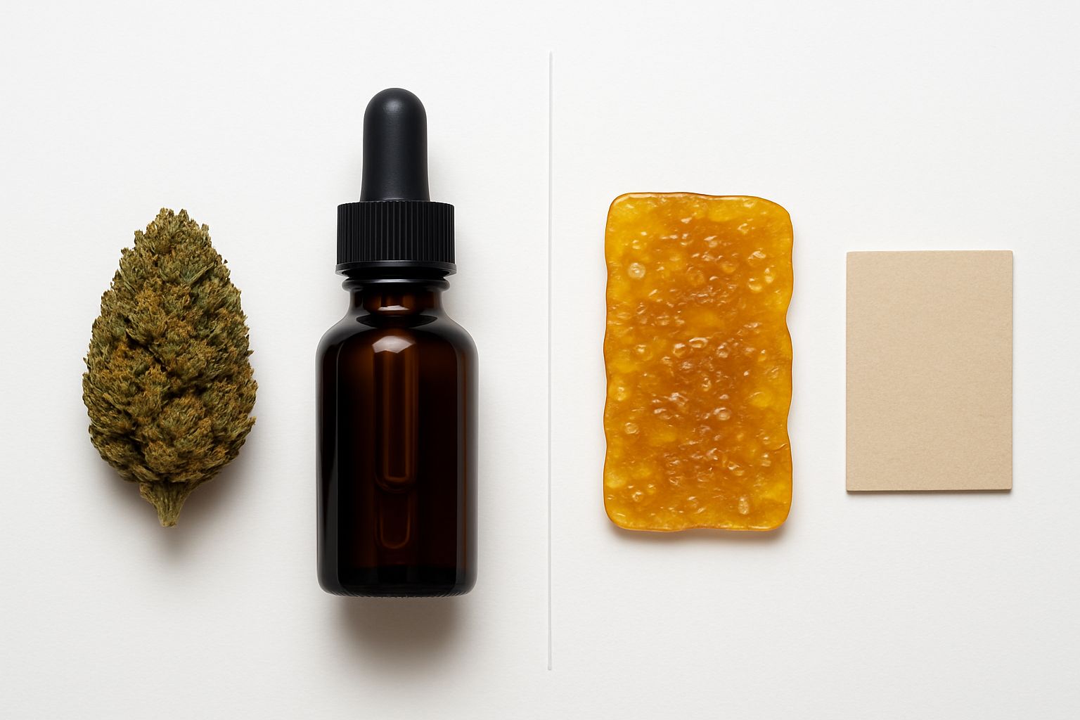 Comparativa visual entre CBD y THC con productos y elementos botánicos