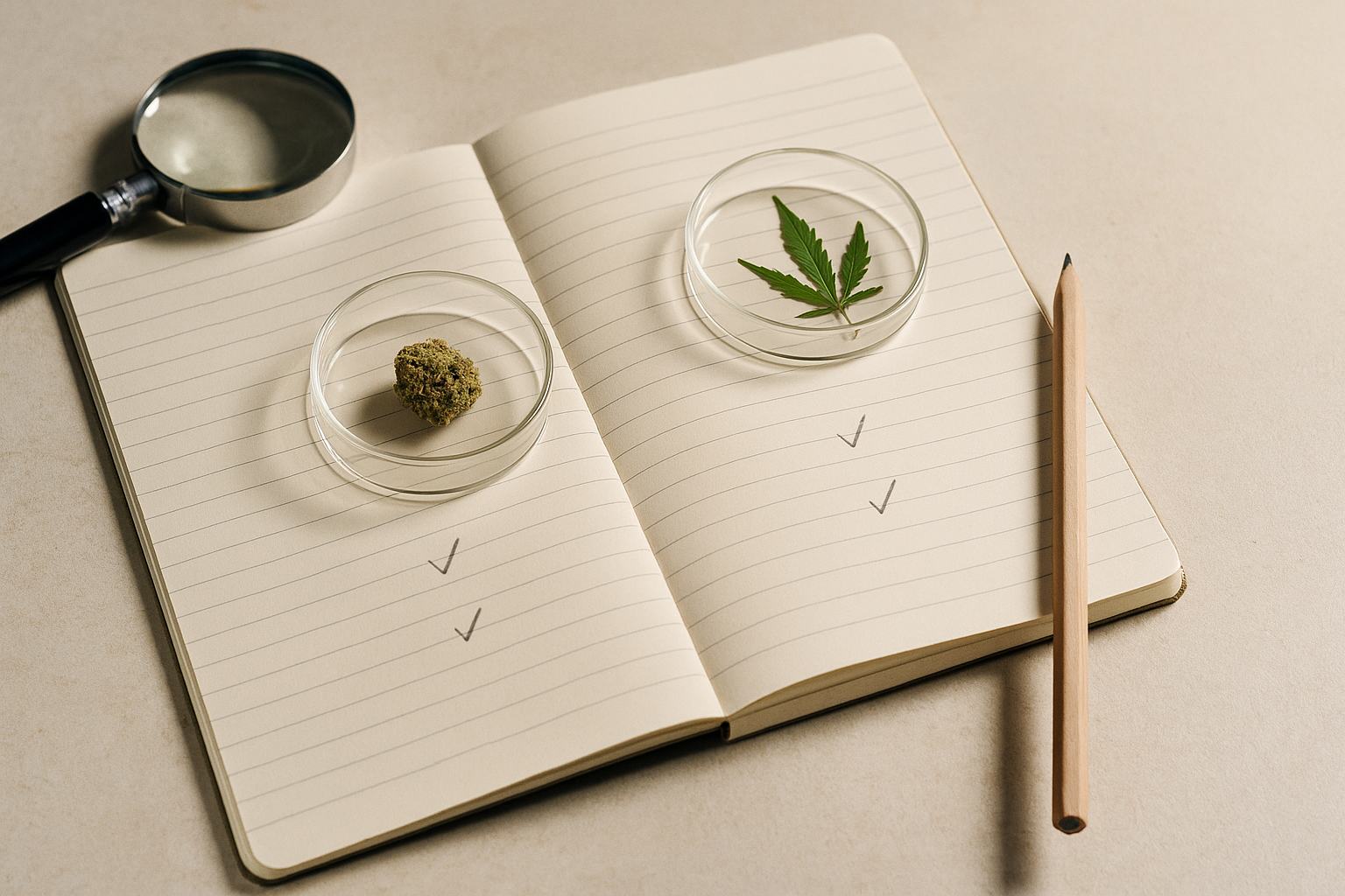 Explicación visual de CBD vs THC con enfoque educativo y minimalista