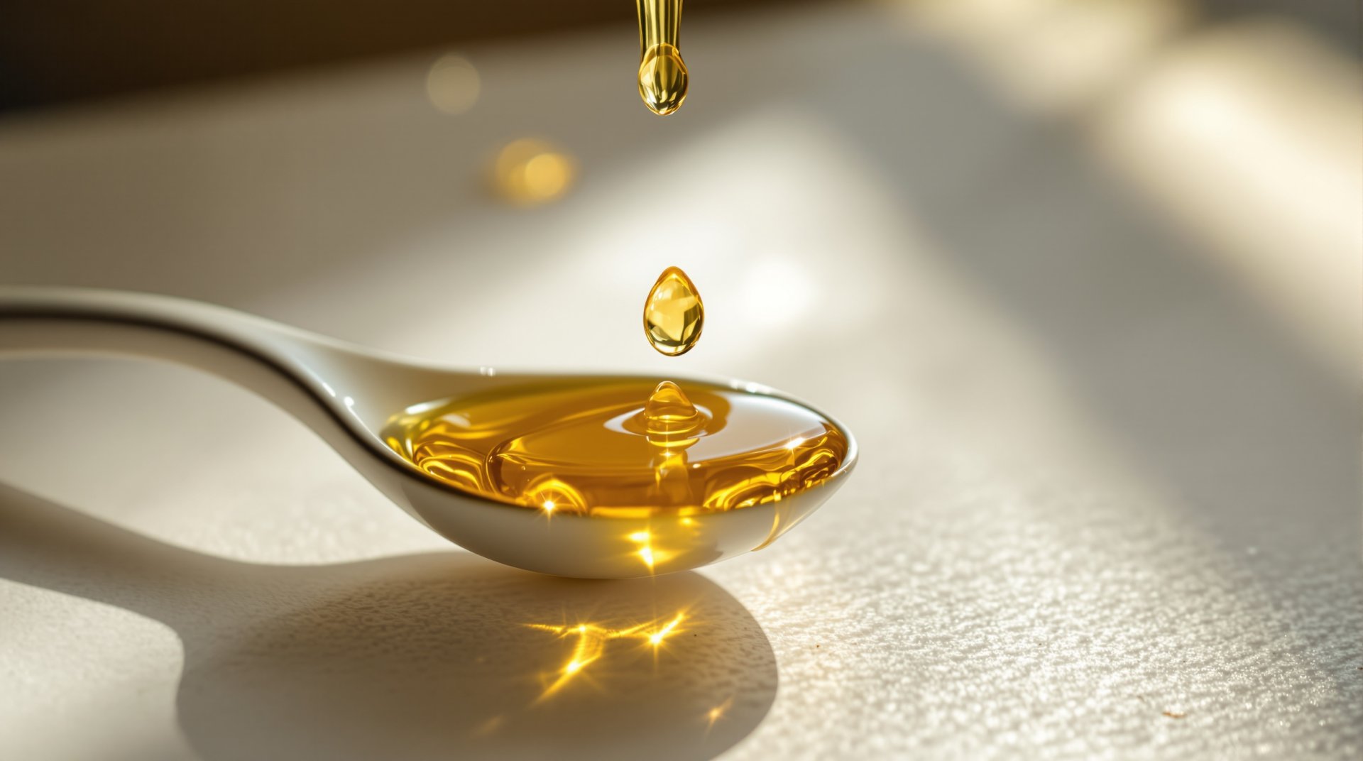 Macro de gotas de aceite CBD dorado sobre cuchara de cerámica artesanal