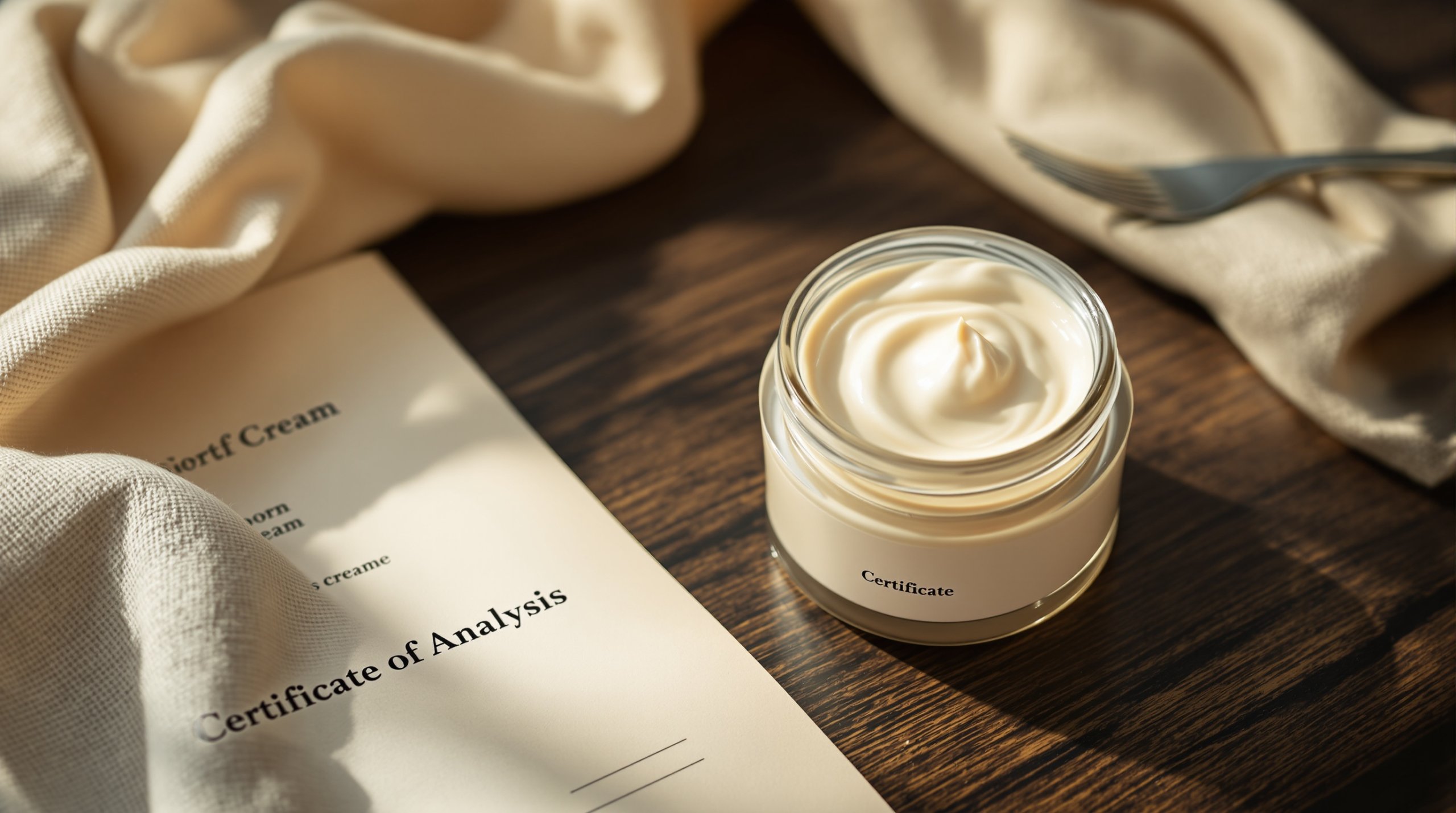 Tarro de crema cosmética junto a certificado de análisis sobre mesa de madera oscura