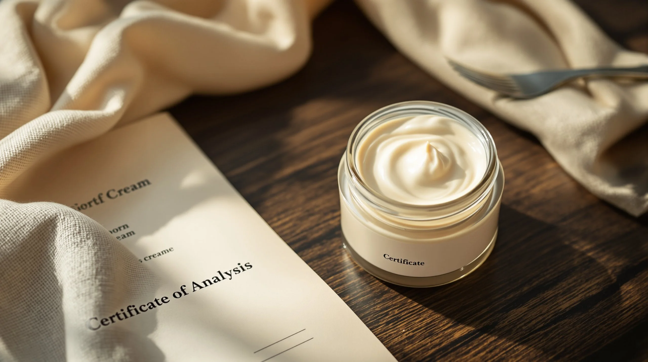 Tarro de crema cosmética junto a certificado de análisis sobre mesa de madera oscura
