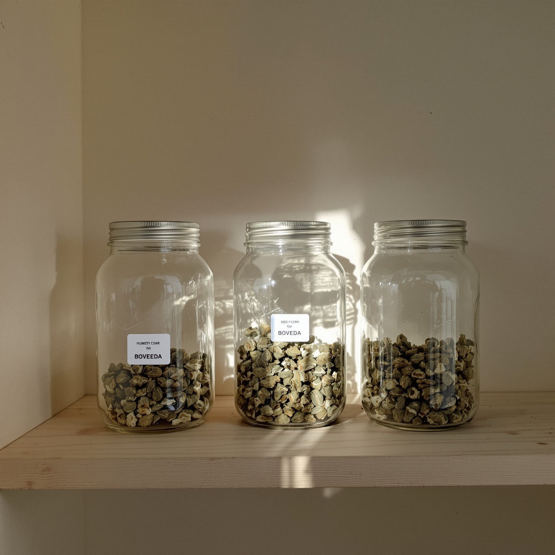 Tarros de cristal con small buds de CBD curándose sobre estante de pino en sala de curado española