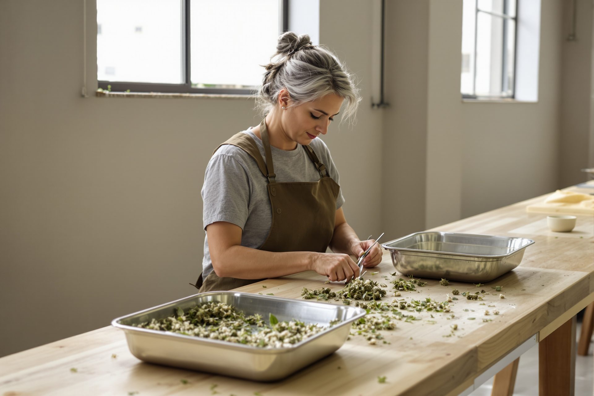 Operaria de cooperativa cannábica española clasificando small buds CBD durante manicura en mesa de pino