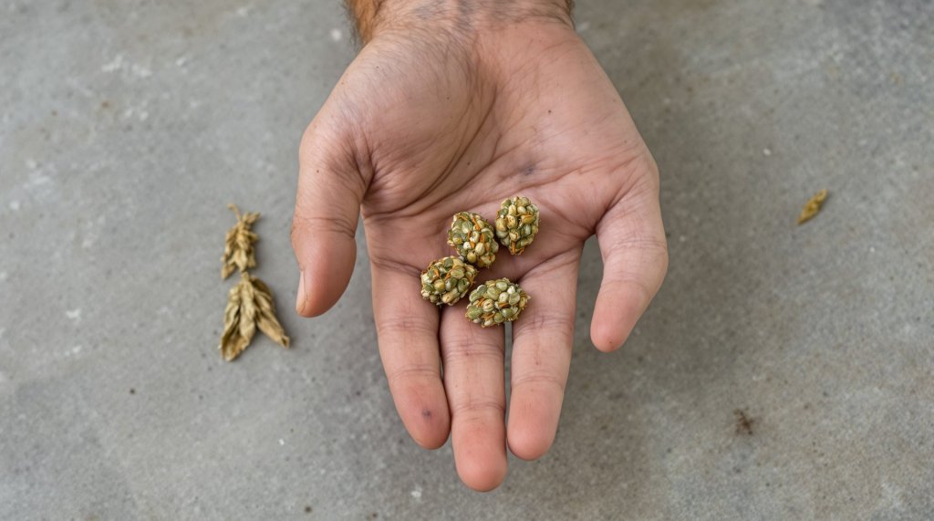Mano callosa de productor sosteniendo cinco cogollos pequeños de flores CBD con tricomas y pistilos naranjas