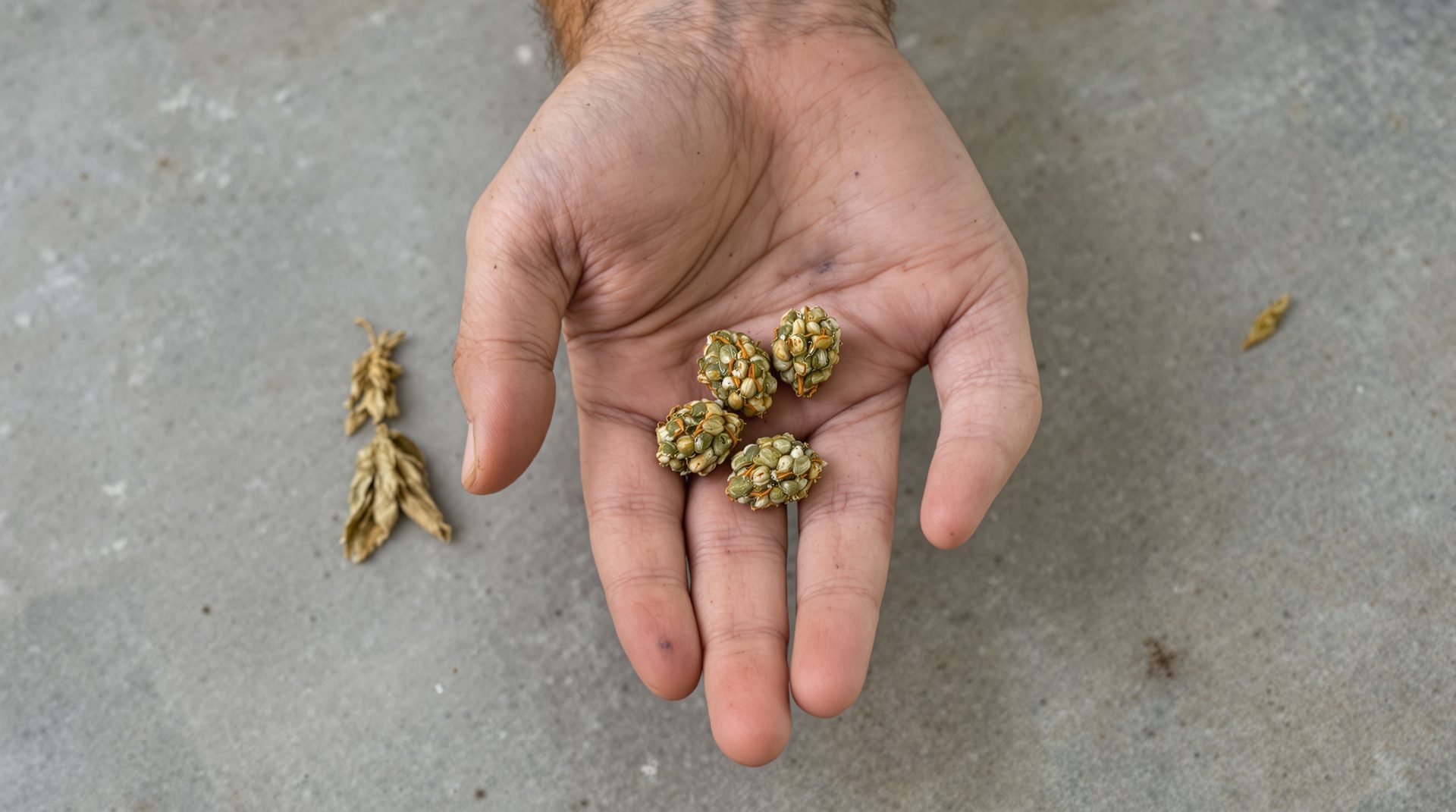 Mano callosa de productor sosteniendo cinco cogollos pequeños de flores CBD con tricomas y pistilos naranjas