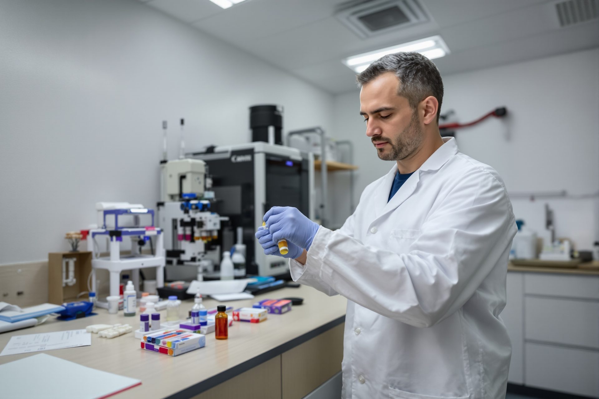 Técnico de laboratorio español pipeteando muestra de CBD junto a HPLC para análisis cannabinoide