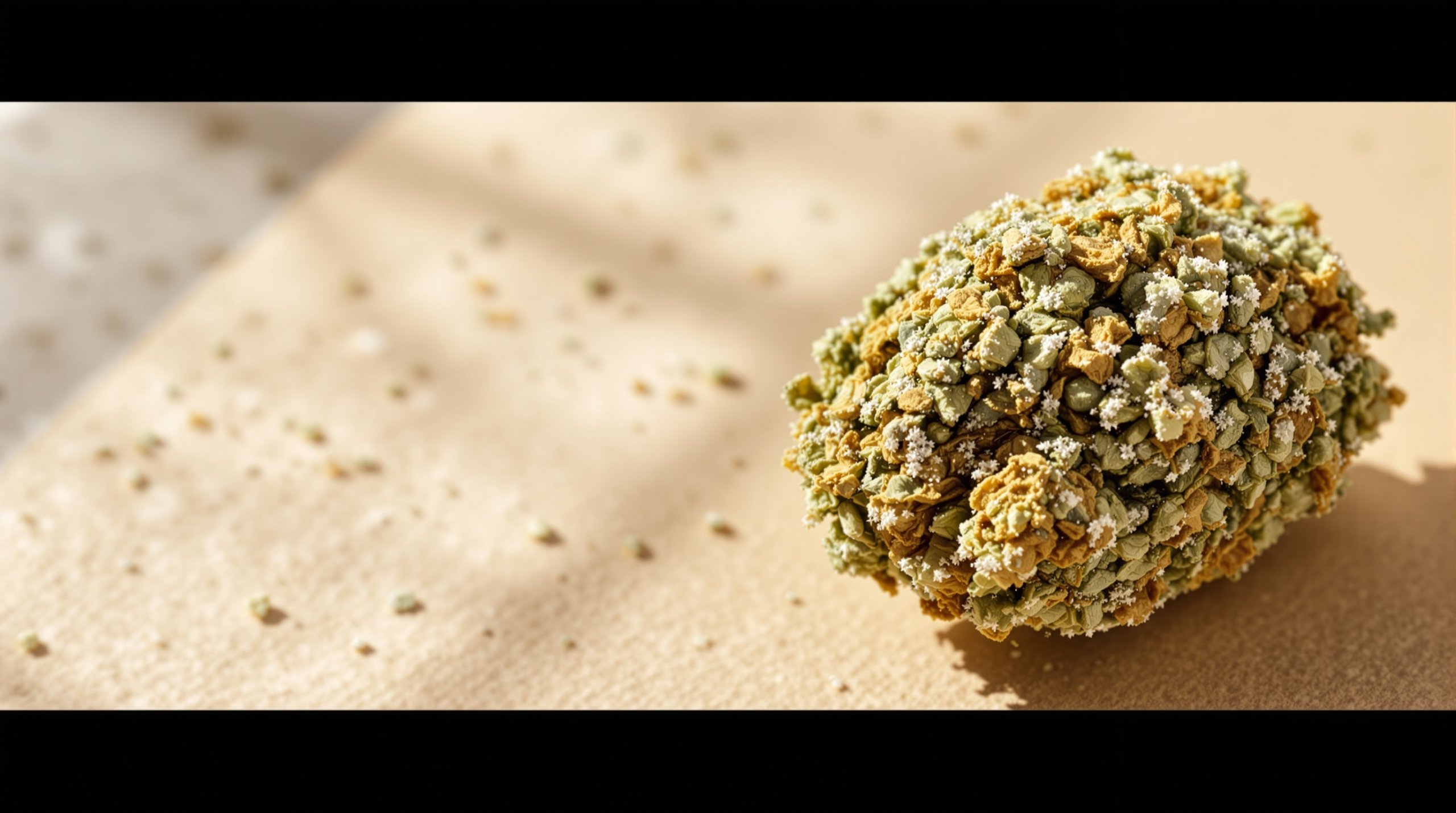 Detalle botánico de cogollo CBD con tricomas y resina sobre papel beige