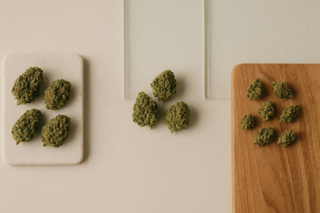 Comparativa visual de flores CBD indoor greenhouse y outdoor