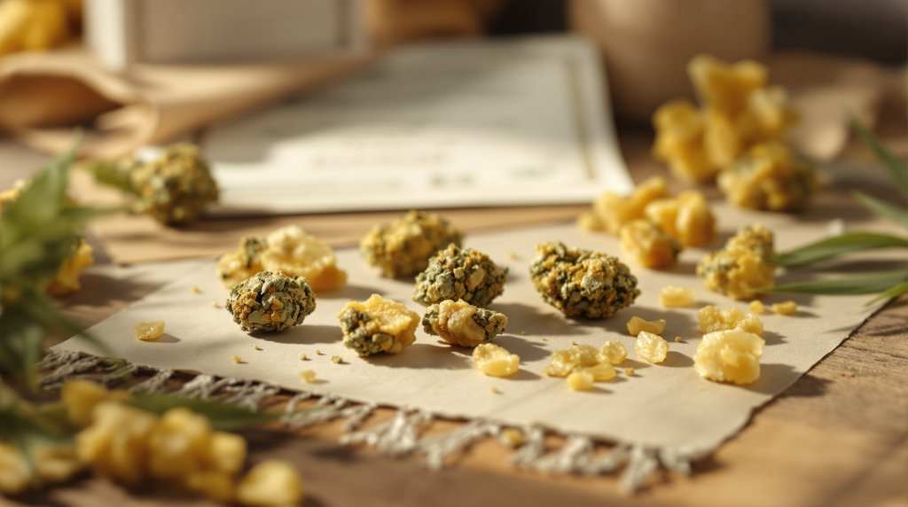 Bodegón editorial con cogollos small buds y resinas La Cosechera sobre mesa rústica