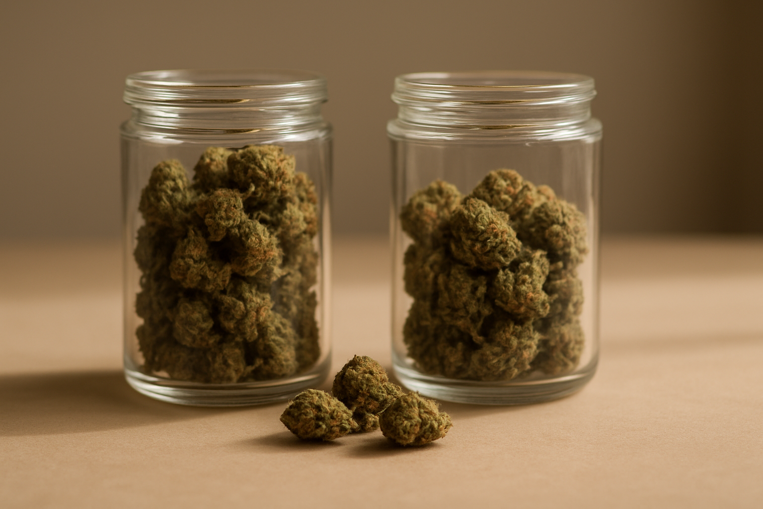 Comparativa editorial de flores CBD indoor en tarros y selección premium