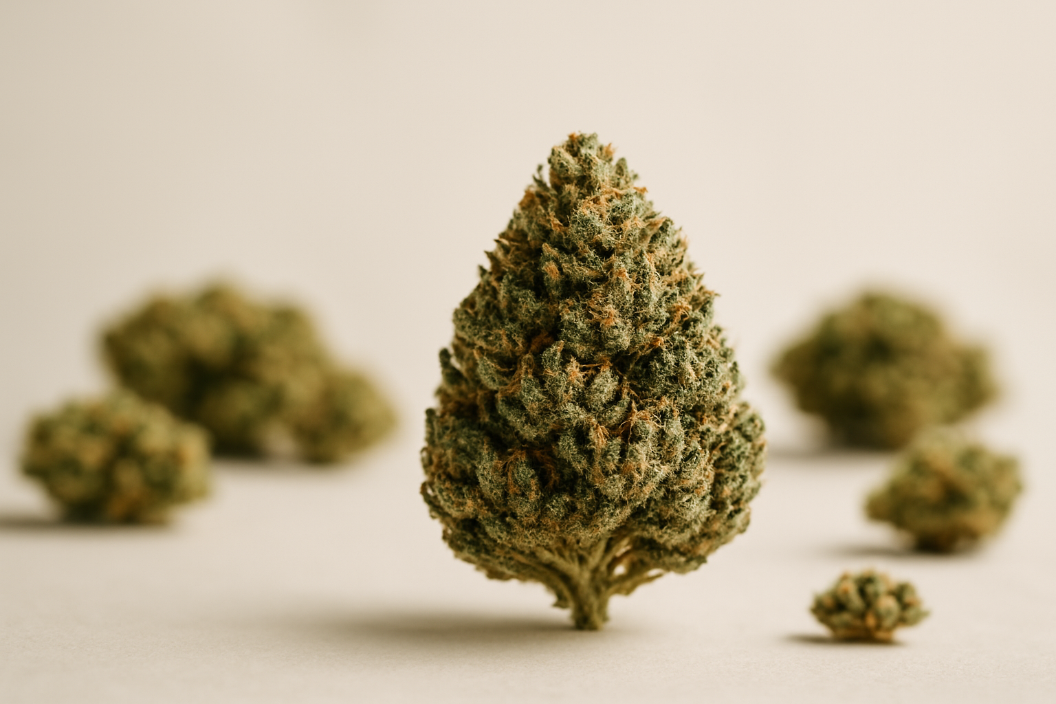 Hero shot de flor CBD indoor premium con fondo minimalista