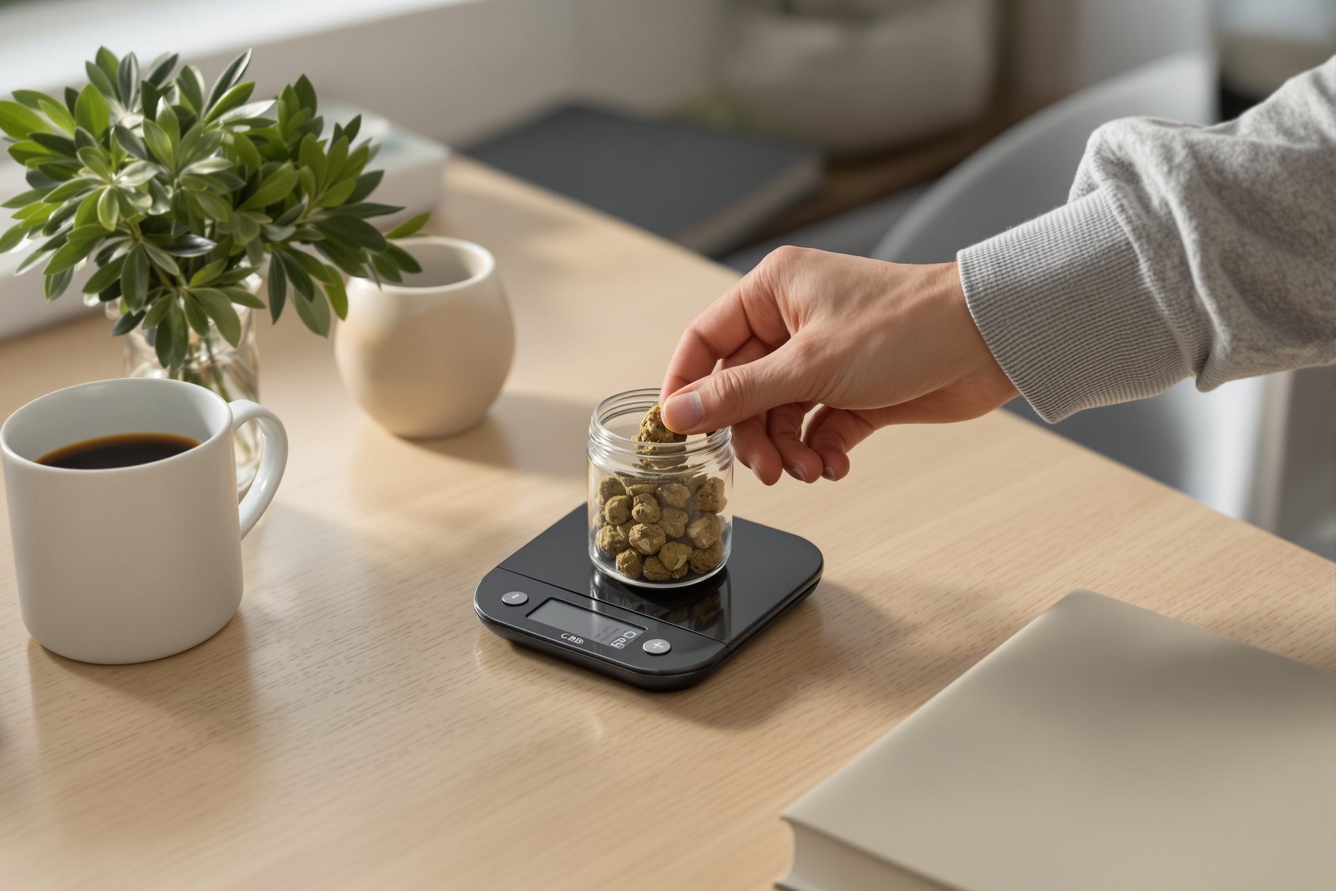 Mano de hombre adulto pesando un small bud de CBD en báscula digital sobre mesa de cocina con tarro abierto
