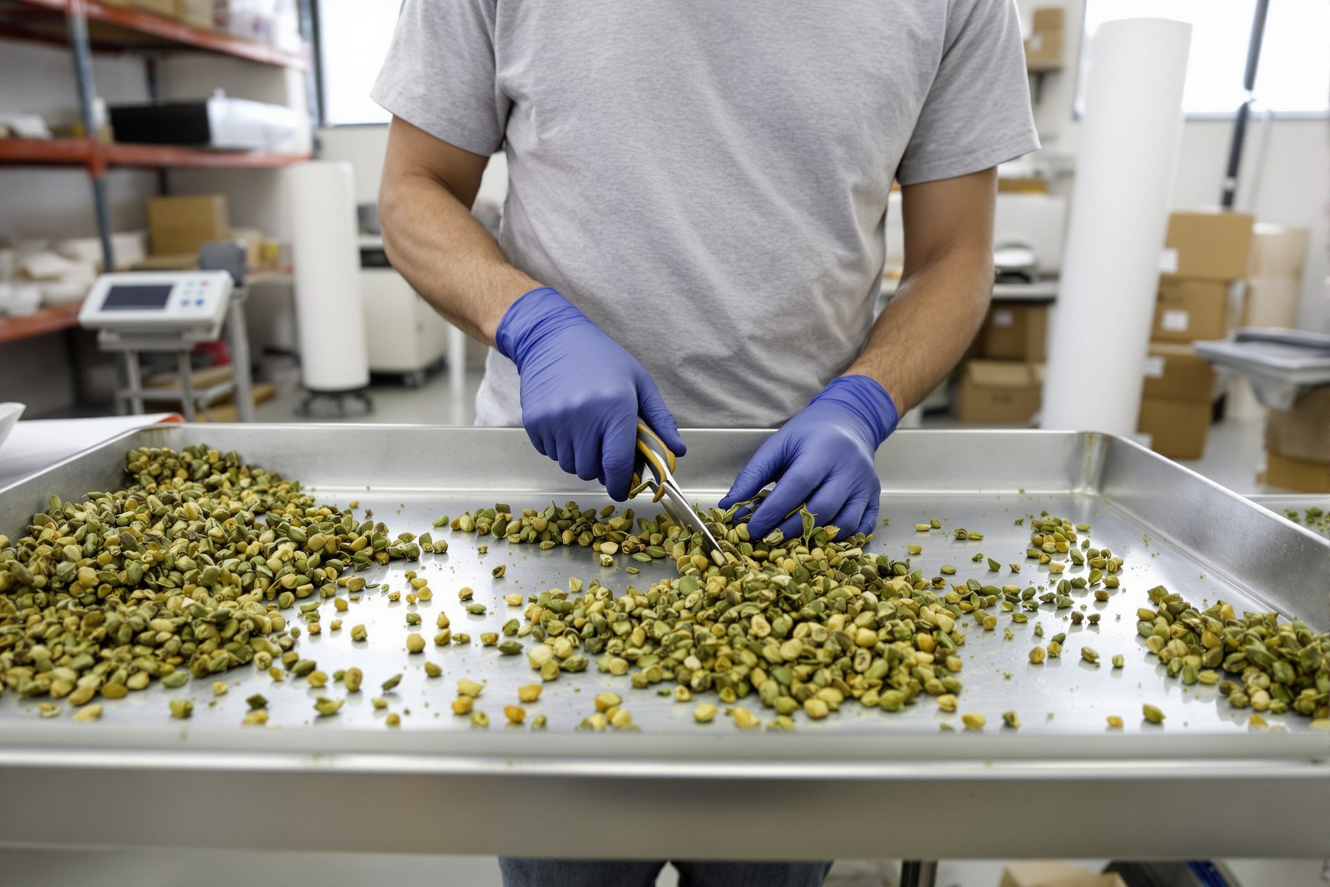Trabajador con guantes separando cogollos grandes, small buds y trim sobre bandeja de manicura en taller de cáñamo