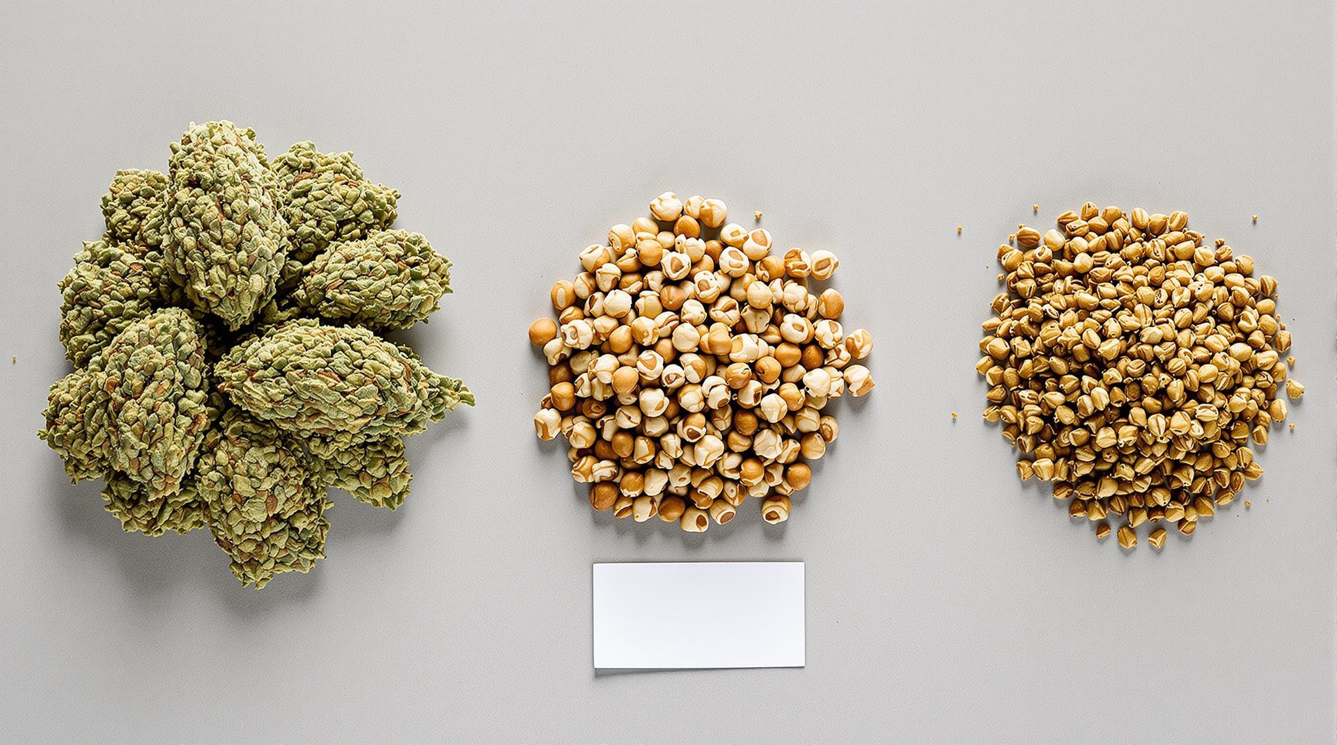 Comparativa cenital de cogollos de CBD grandes, small buds y trim con la misma cobertura de tricomas sobre mesa gris