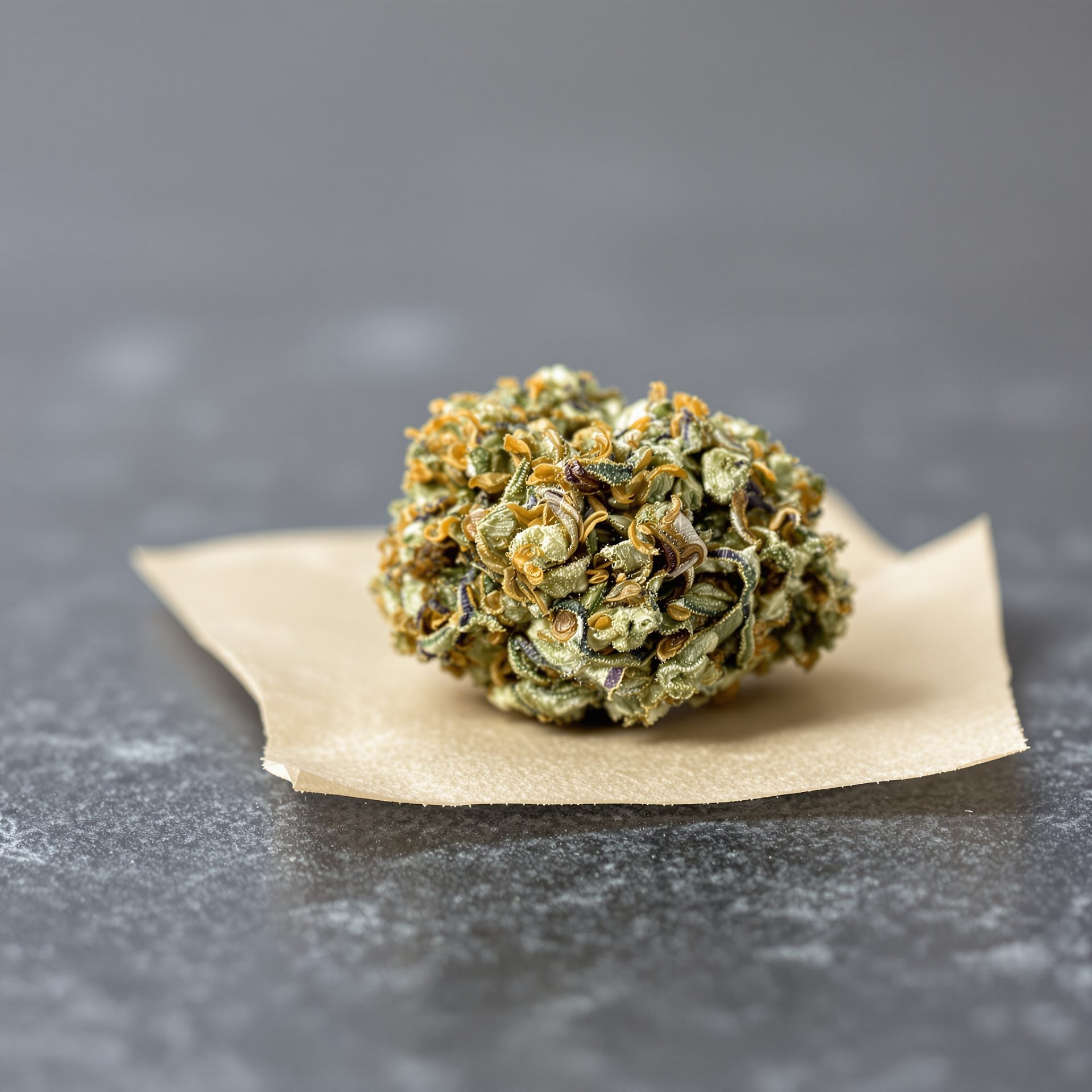 Macro extremo de un small bud de CBD mostrando tricomas densos y pistilos naranjas sobre papel crema